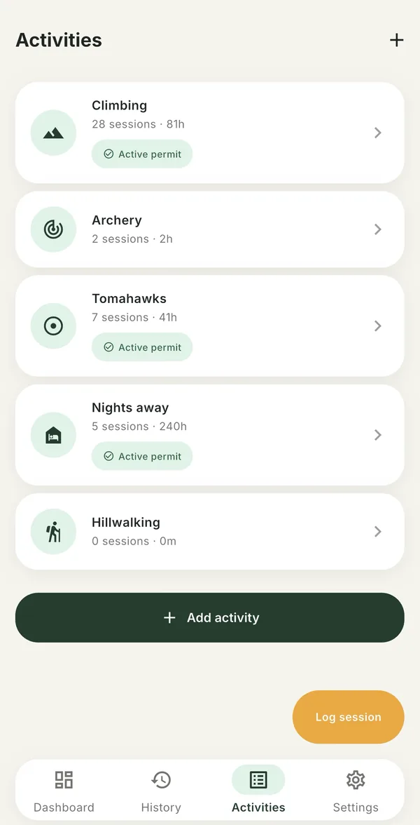 Activities list showing climbing, archery, tomahawks, nights away and hillwalking with session counts and hours