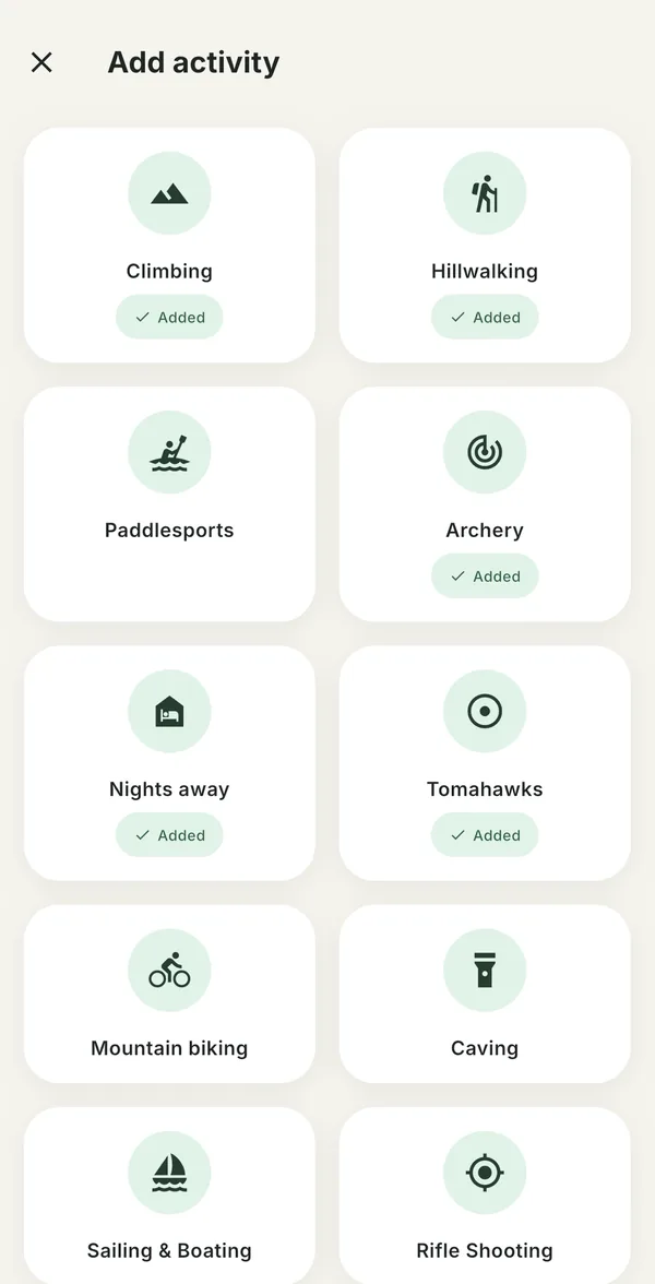 Add activity screen with climbing, hillwalking, paddlesports, archery, nights away, tomahawks, mountain biking, caving, sailing and boating, and rifle shooting